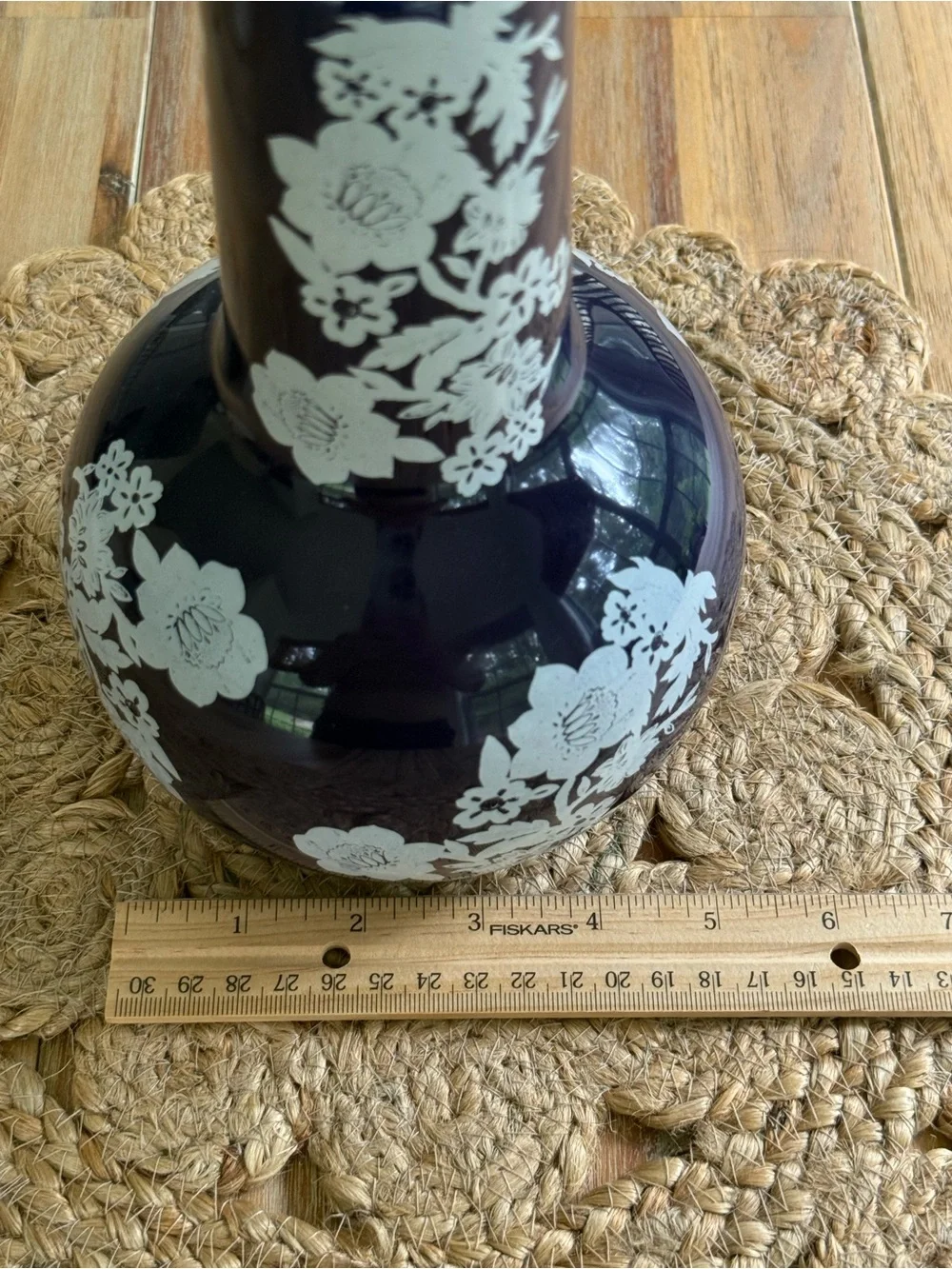 Avon Navy Blue Ceramic Vase with White Floral Design 8 1/2”